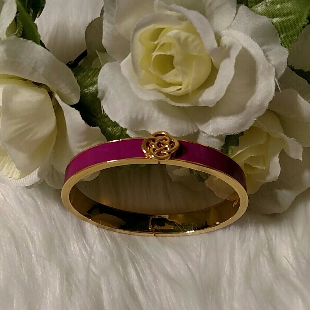 Retired Stella and Dot Lindsay Enamel Goldtone Cuff Bangle Bracelet In Magenta